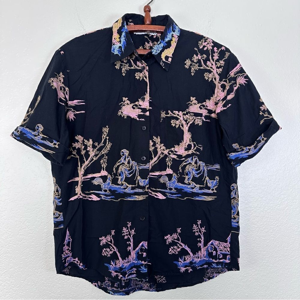 Zara Japanese Garden Graphic Button Down Shirt Size S - Picture 2 of 9